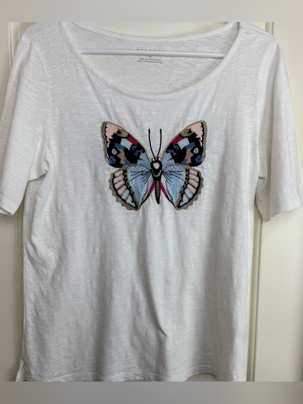 Talbots White Cotton Embroidered Butterfly Tee M Short Sleeve Slub